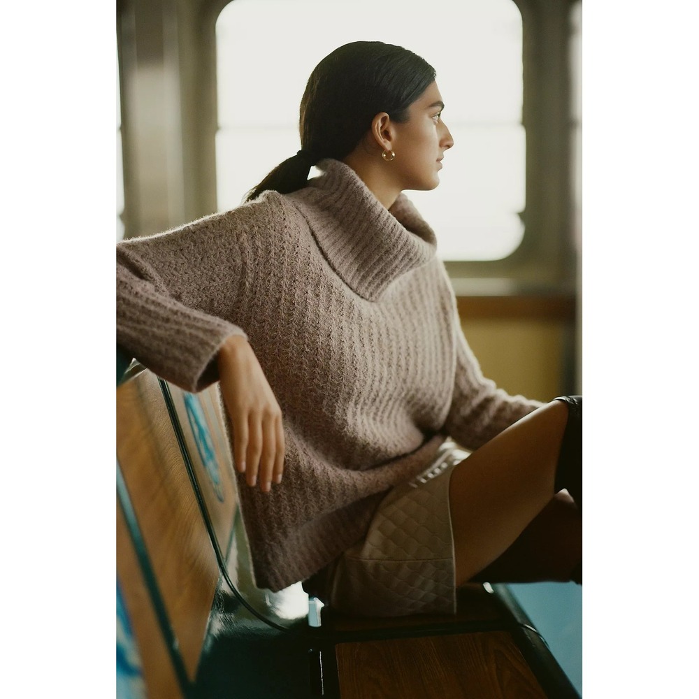 Maeve Old Money Parisian Preppy Cowl Neck Sweater Taupe Mauve Knit Medium Boho